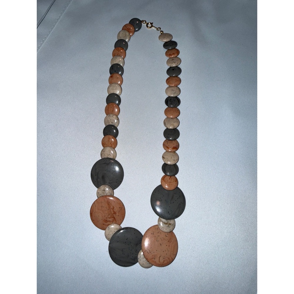 Vintage Statement Disc Bead Necklace Grey Terracotta Speckled Graduated 19 Inch